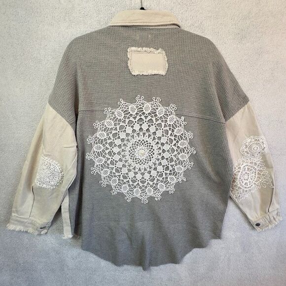POL Distressed Patchwork Lace Medium Waffle Knit Shacket Gray Boho Jacket NWOT - Picture 2 of 8
